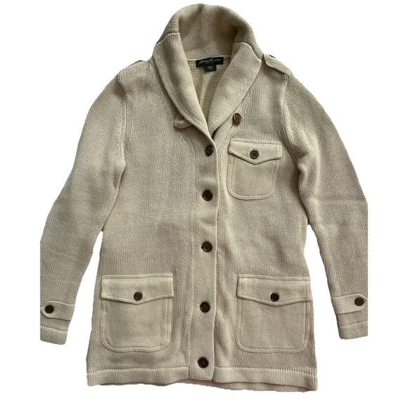 Eddie Bauer Cardigan Jacket M Sweater Wool Cotton Chunky Cable Knit Button Down - Picture 1 of 13